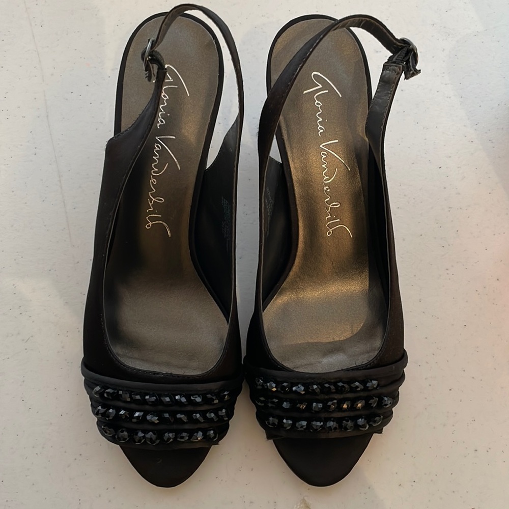 Gloria Vanderbilt black satin heels with black crystal detail